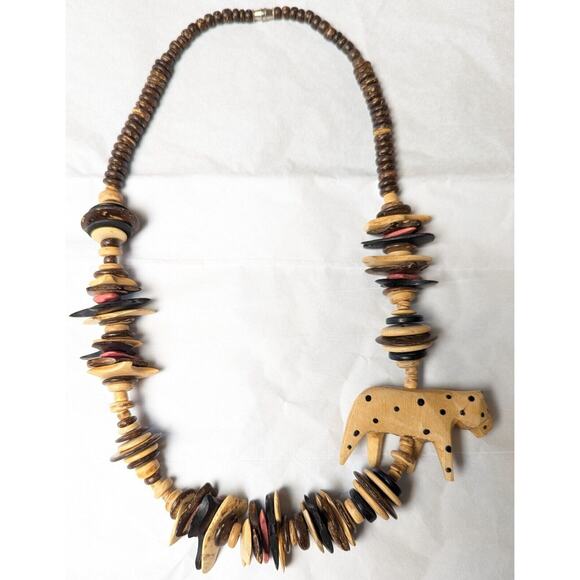 Tribal Statement Bib Necklace FOLK ART WOOD SAFARI offset cheetah nut shell bead - Picture 4 of 6